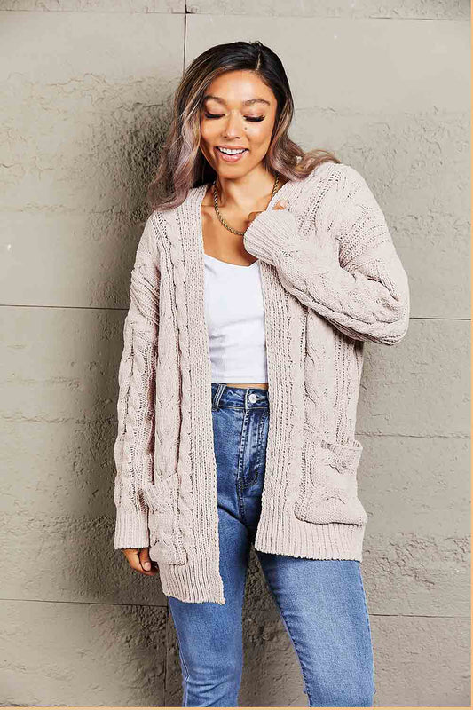 Woven Right Cable-Knit Open Front Cardigan with Front Pockets