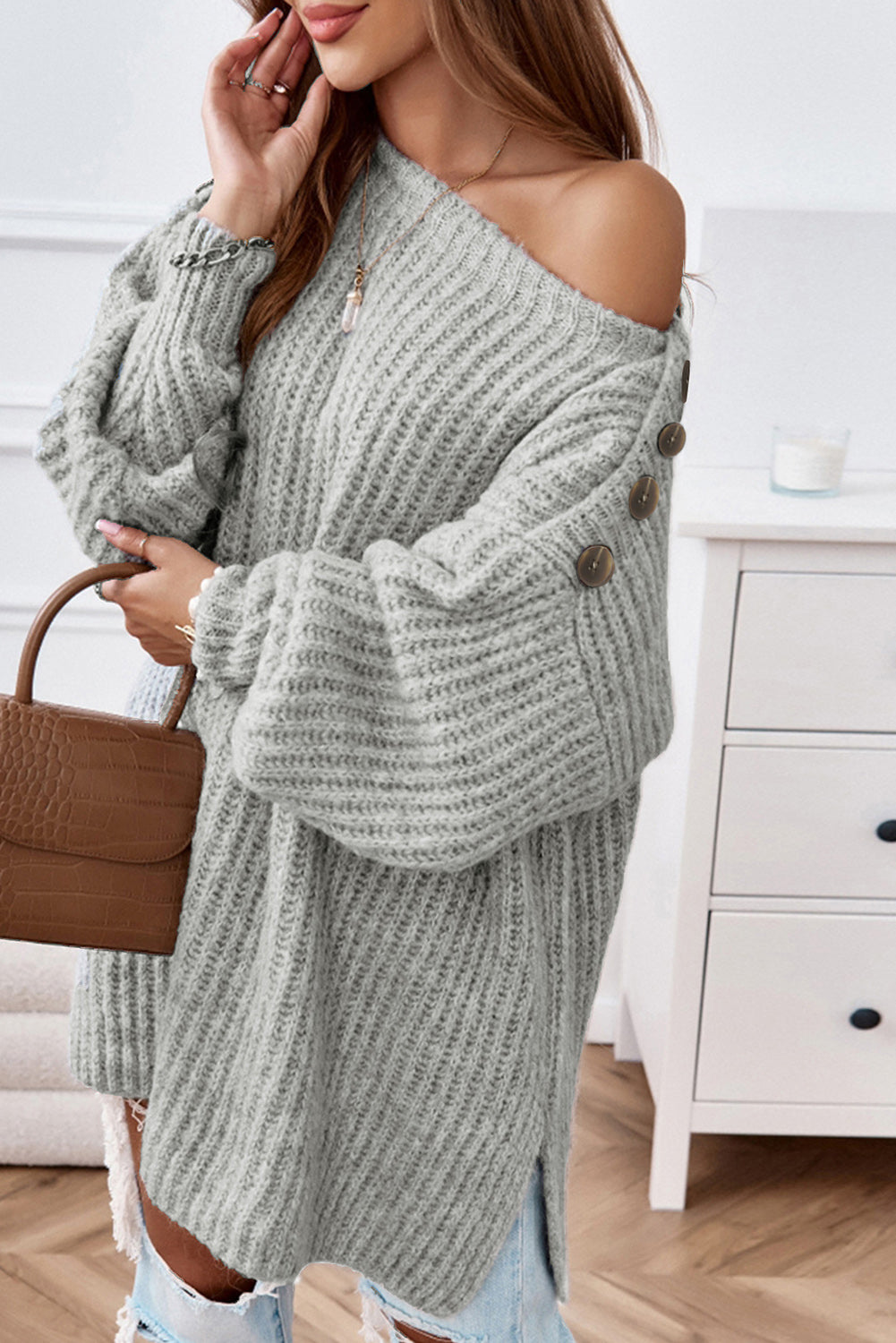 Buttoned Boat Neck Slit Sweater