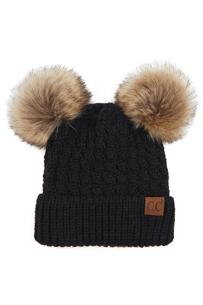 CC Double Pom Pom All Over Cable Pattern Beanie