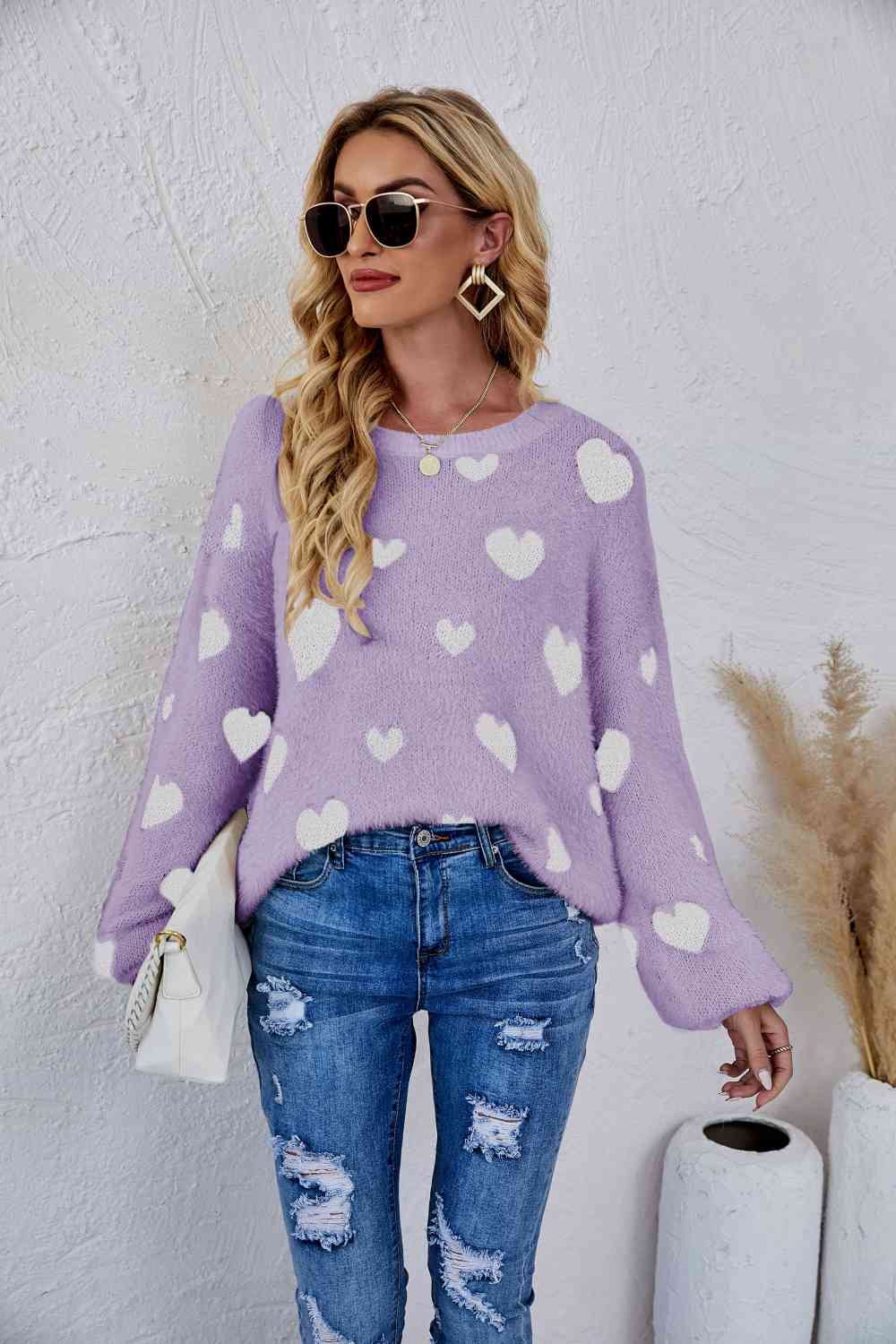 Woven Right Heart Print Fuzzy Crewneck Long Sleeve Sweater