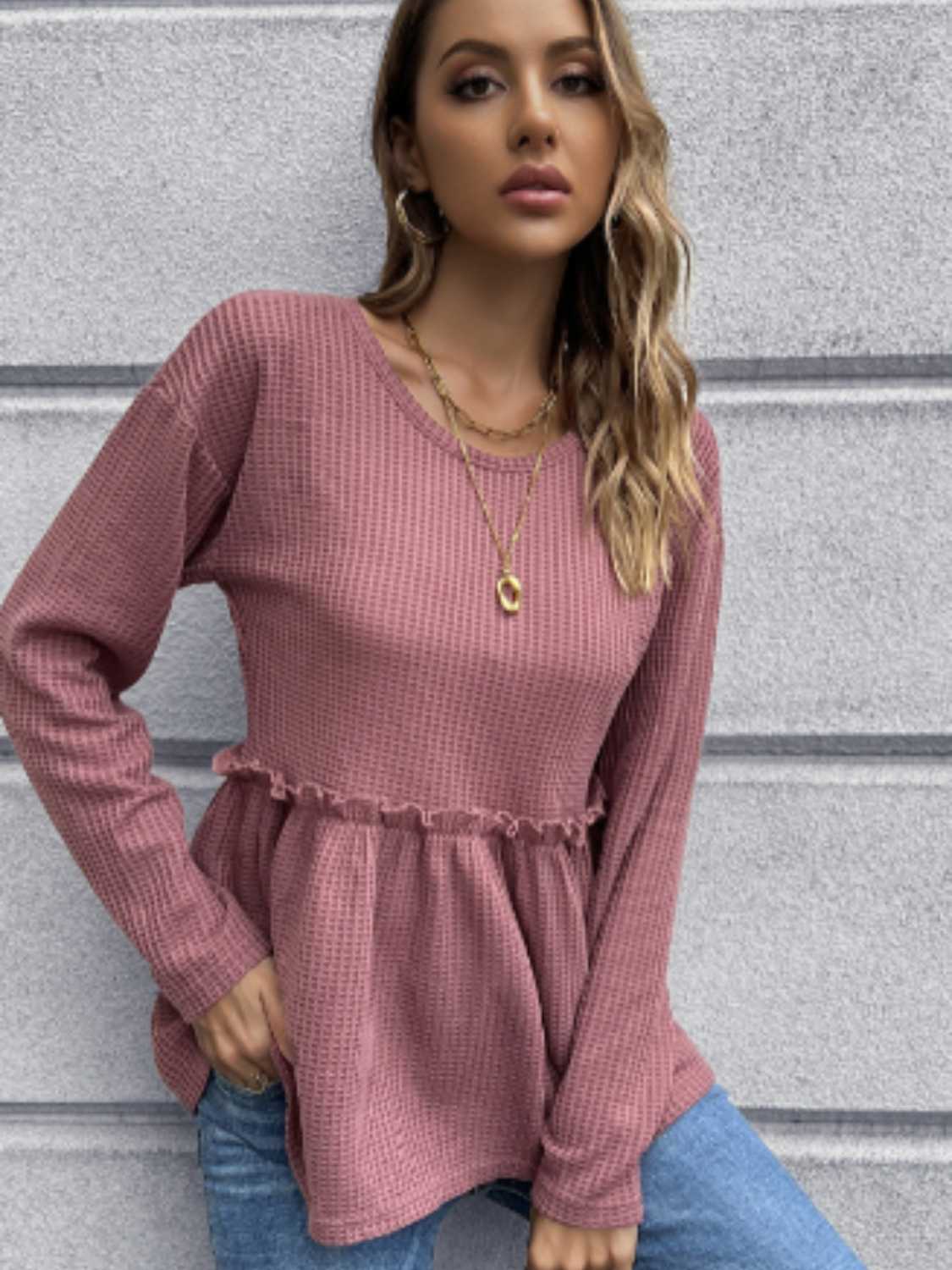 Waffle-Knit Long Sleeve Peplum Blouse