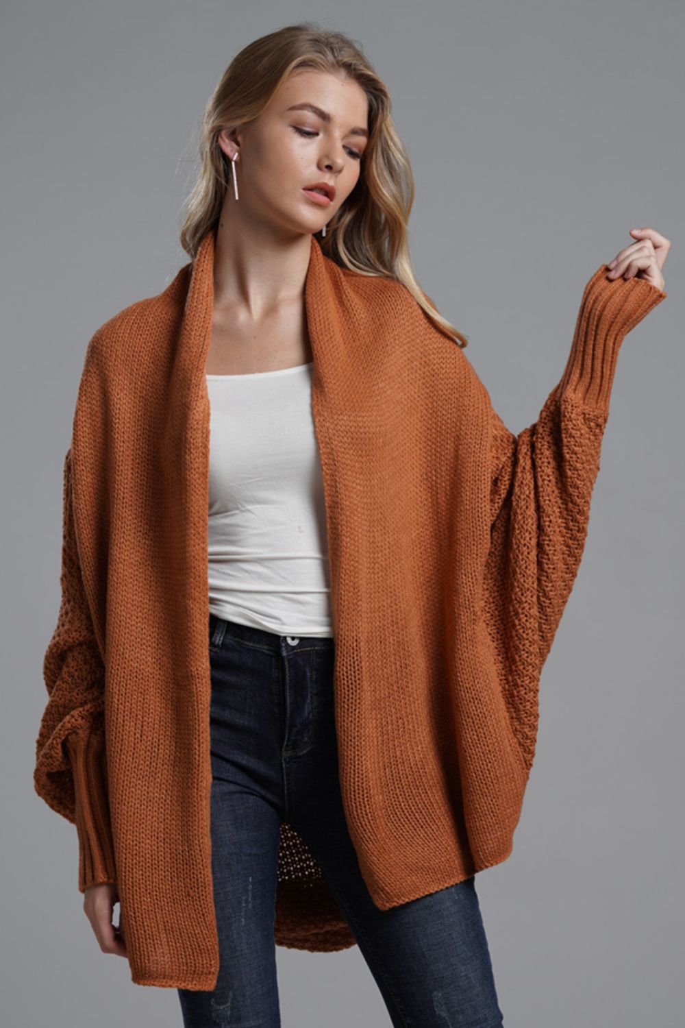 Double Take Dolman Sleeve Open Front Ribbed Trim Longline Cardigan