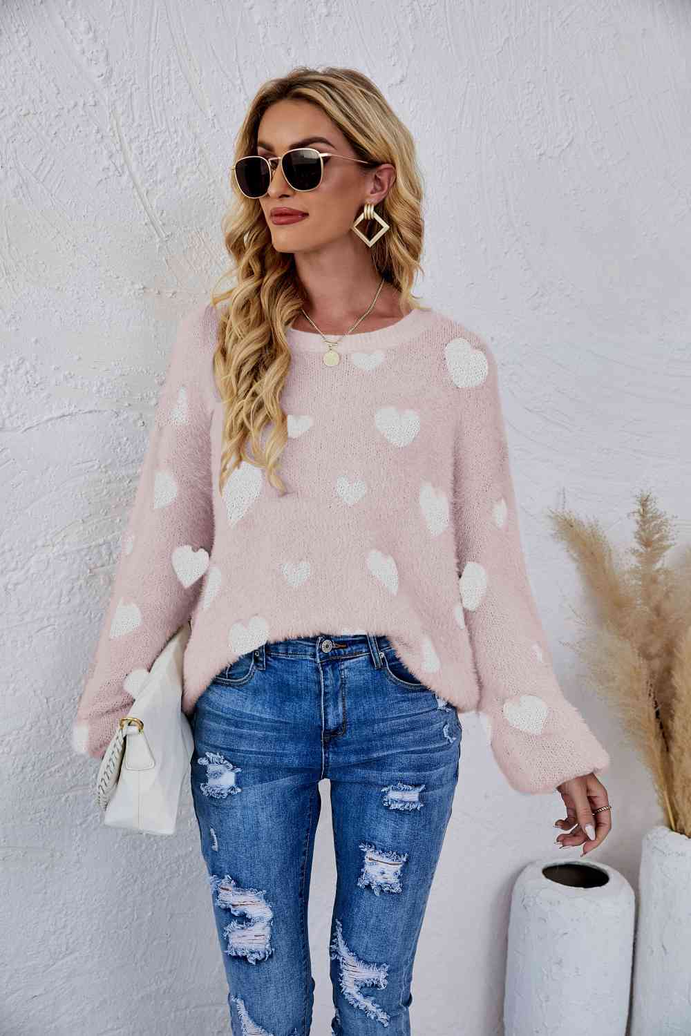 Woven Right Heart Print Fuzzy Crewneck Long Sleeve Sweater