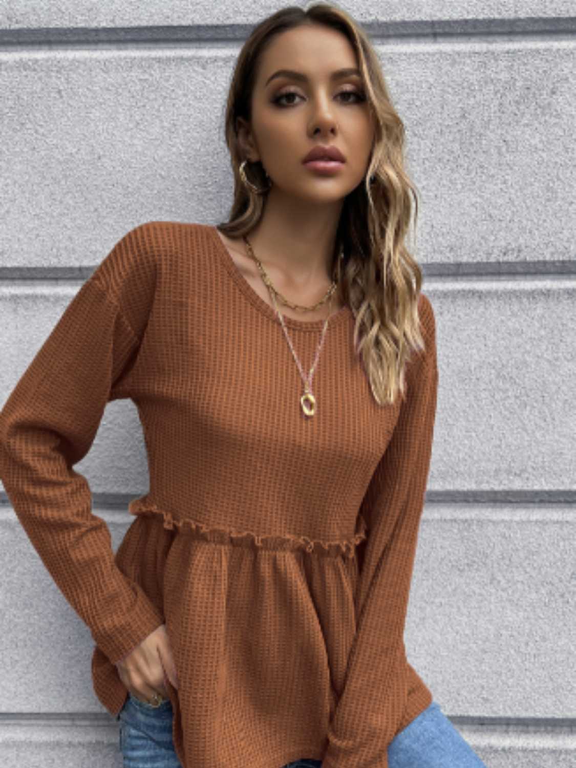 Waffle-Knit Long Sleeve Peplum Blouse