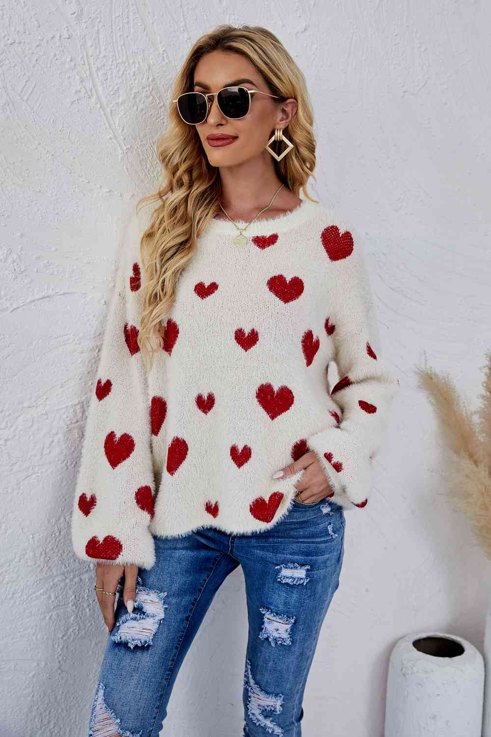 Woven Right Heart Print Fuzzy Crewneck Long Sleeve Sweater