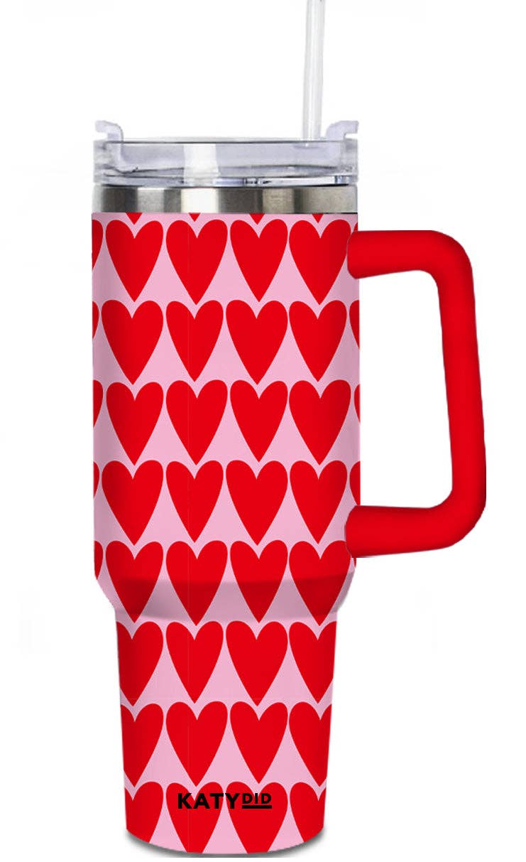 40 oz Red Hearts Pattern Tumbler with Handle and Straw