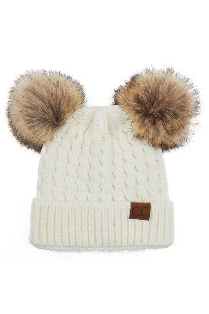 CC Double Pom Pom All Over Cable Pattern Beanie