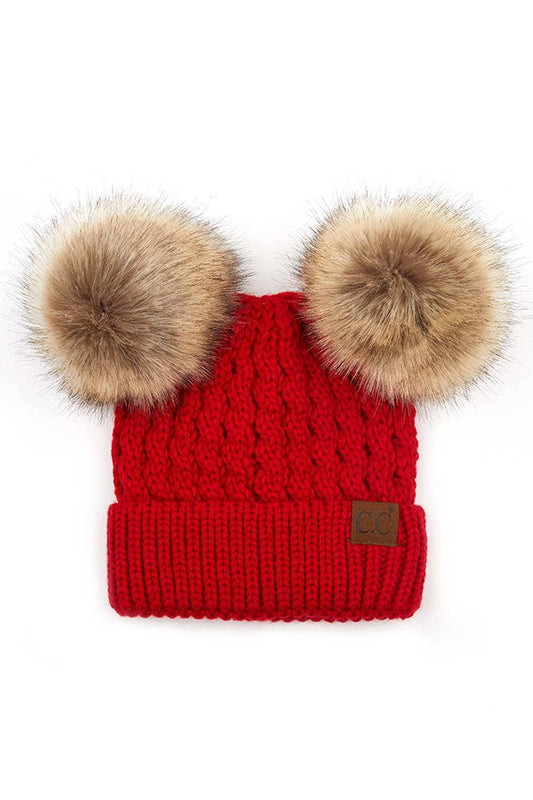 CC Double Pom Pom All Over Cable Pattern Beanie