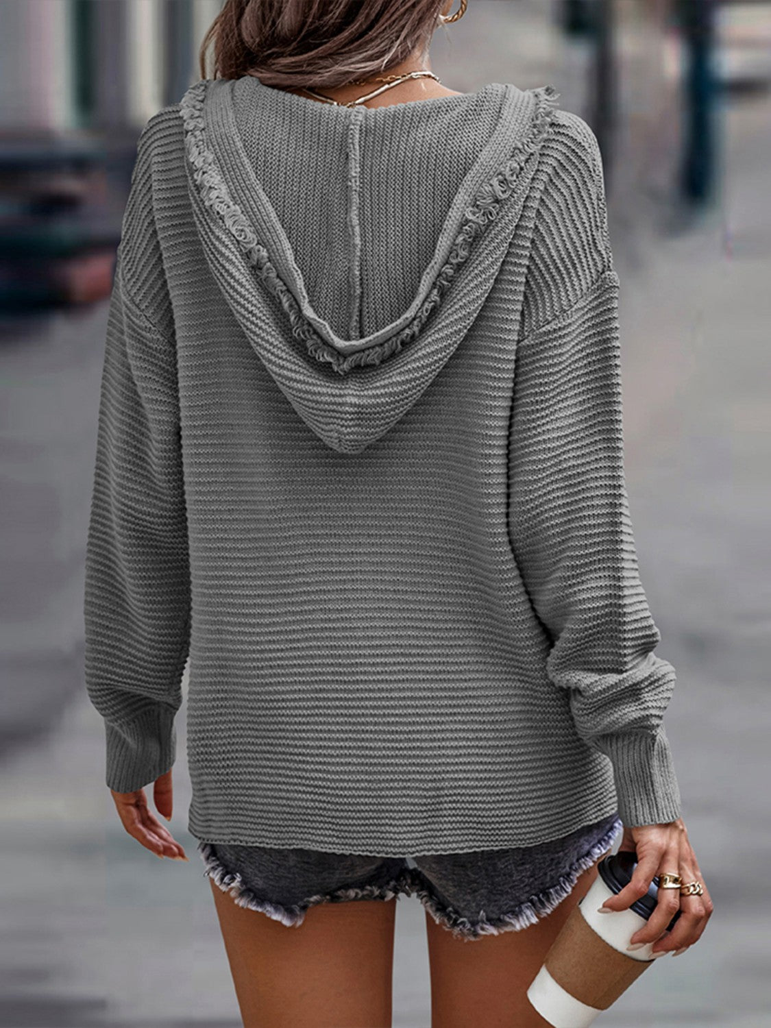 Horizontal Ribbing Hooded Sweater