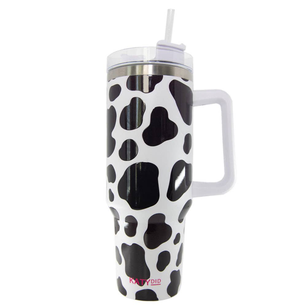 Black/White Cow Print Tumbler Cup with Handle: White