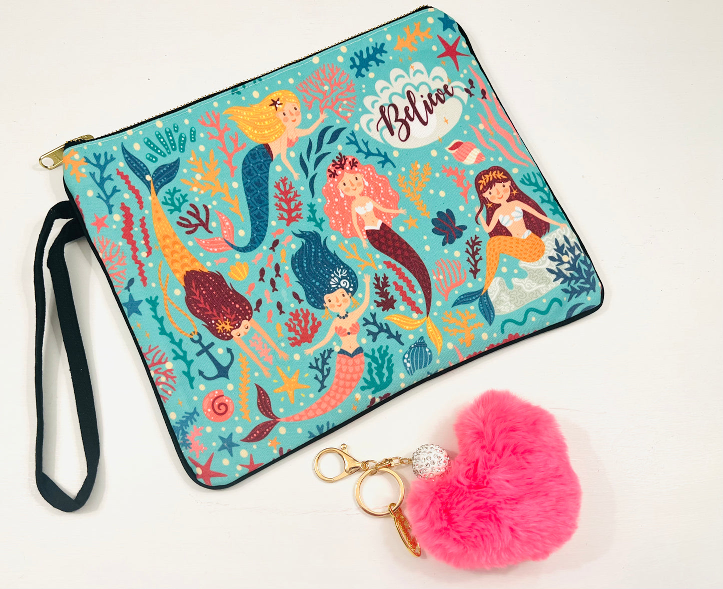 Mermaid clutch with puffy heart keychain